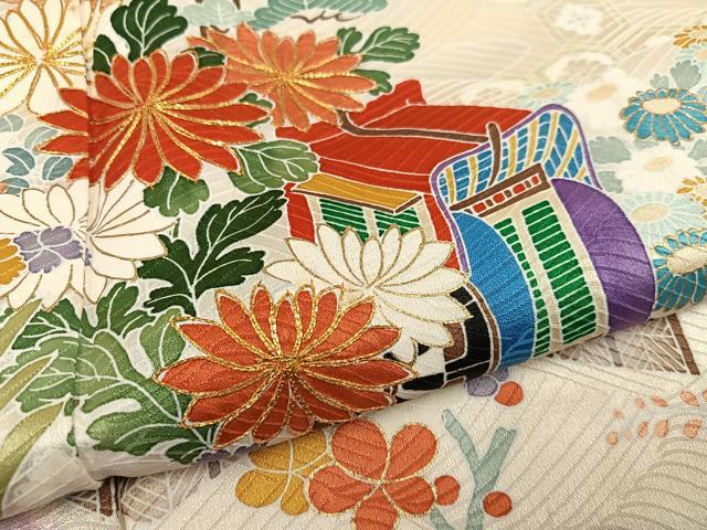 平和屋着物●創業460年・千總 振袖 駒刺繍 絞り 御所車草花文 金彩 高島屋扱い 正絹 逸品 AABG0425ph