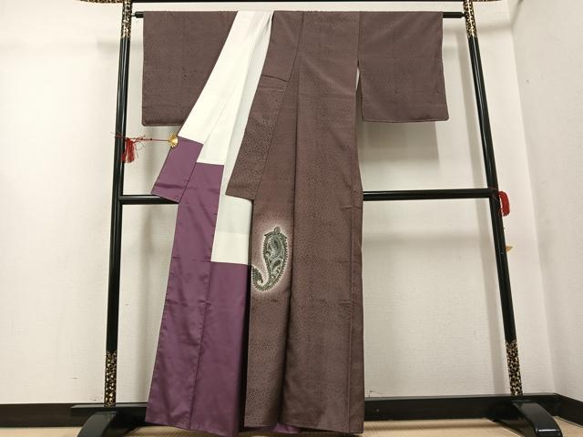 平和屋着物●訪問着 紬地 手描き 木版染 ペイズリー柄 暈し染め 正絹 逸品 AABG0431ph