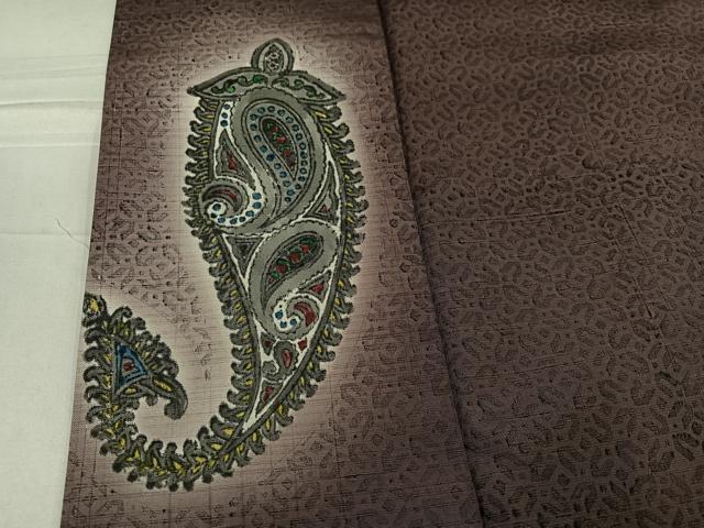平和屋着物●訪問着 紬地 手描き 木版染 ペイズリー柄 暈し染め 正絹 逸品 AABG0431ph