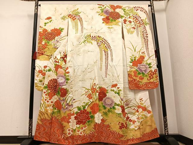 平和屋着物●豪華振袖 駒刺繍 草花文 暈し染め 金彩 正絹 逸品 AABG0445ph