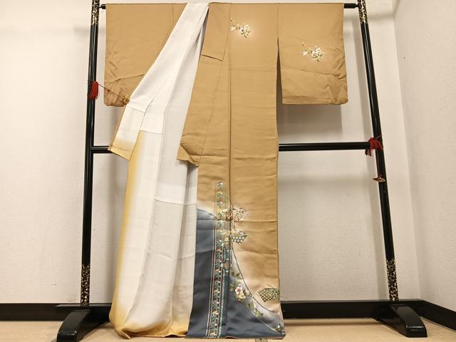 平和屋着物●訪問着 螺鈿 地紙貝桶草花文 金銀彩 正絹 逸品 AABG0447ph