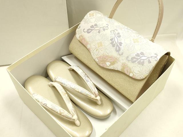 平和屋着物●和装小物 和装バッグ・草履セット 西陣 ハンドバッグ 花柄 金銀糸 マグネット式 正絹 逸品 未使用 AABG0714ay