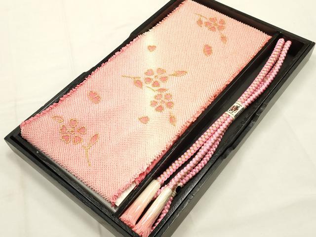 平和屋本店●和装小物 帯締め・帯揚げセット 振袖用 総絞り 舞花文 暈し染め 金彩 撚り房 逸品 未使用 AABG0785ay