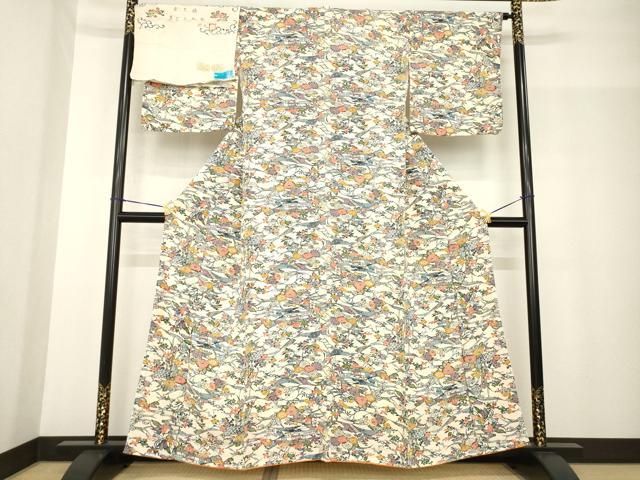平和屋着物●上質な小紋 東京染 手ざし紅型 風景花文 正絹 逸品 AABG0825ck