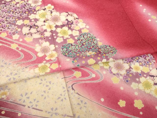 平和屋着物●豪華振袖 流水花文 暈し染め 金彩 金通し地 正絹 逸品 AABG0829ck