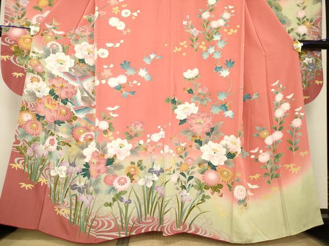 平和屋着物●豪華振袖 友禅 花鳥文 暈し染め 正絹 逸品 AABG0830ck