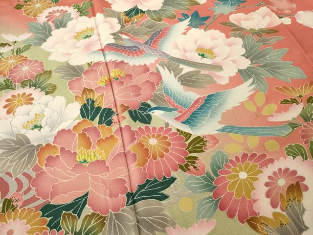 平和屋着物●豪華振袖 友禅 花鳥文 暈し染め 正絹 逸品 AABG0830ck