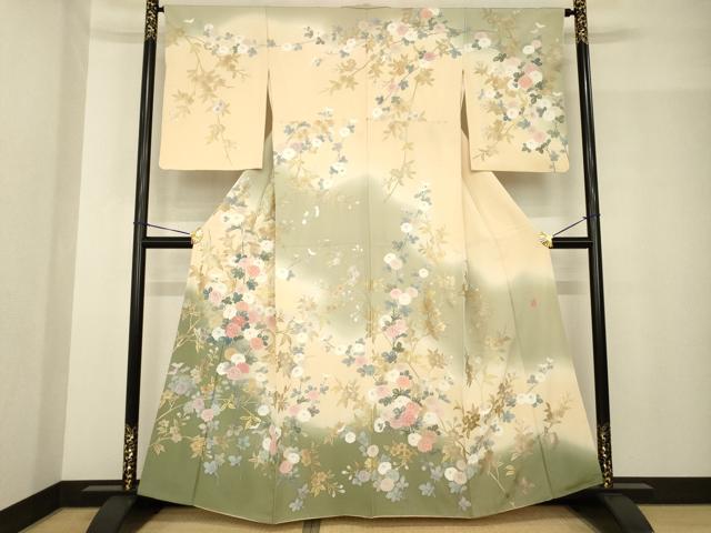 平和屋着物●十日町友禅作家 松雨 訪問着 枝花文 暈し染め 金銀彩 正絹 逸品 AABG0837ck