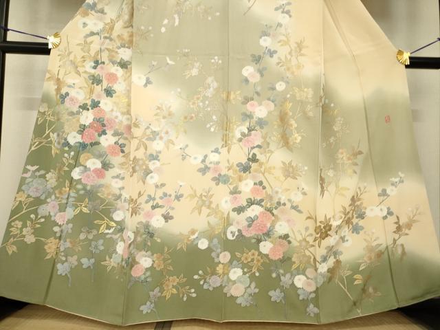 平和屋着物●十日町友禅作家 松雨 訪問着 枝花文 暈し染め 金銀彩 正絹 逸品 AABG0837ck