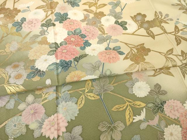平和屋着物●十日町友禅作家 松雨 訪問着 枝花文 暈し染め 金銀彩 正絹 逸品 AABG0837ck