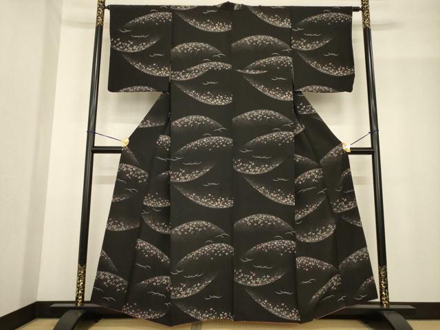 平和屋着物■上質な小紋 遠山花文 黒地 正絹 逸品 AABG0839ck
