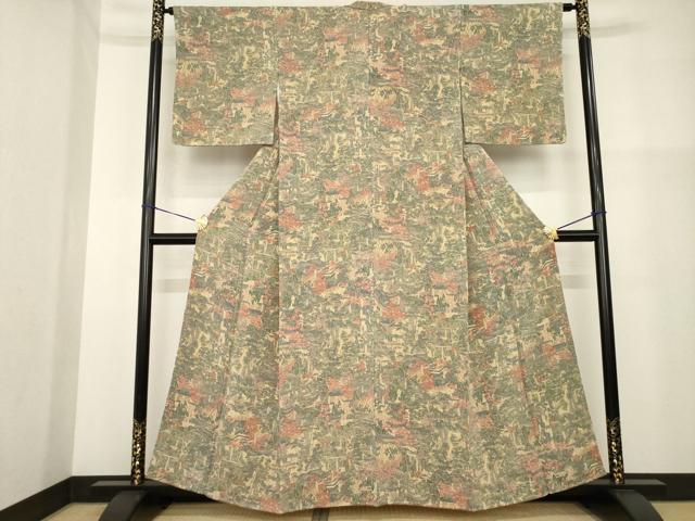 平和屋着物■上質な小紋 名所風景文 鬼しぼ縮緬 正絹 逸品 未使用 AABG0853ck