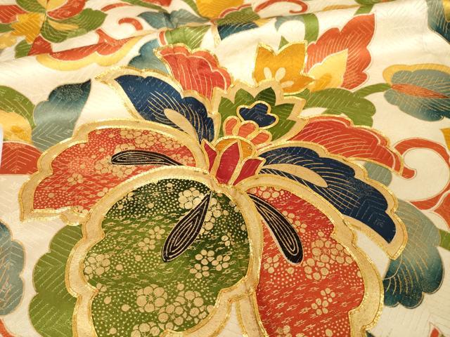 平和屋着物■豪華振袖 駒刺繍 花唐草文 金通し地 正絹 逸品 AABG0869ck