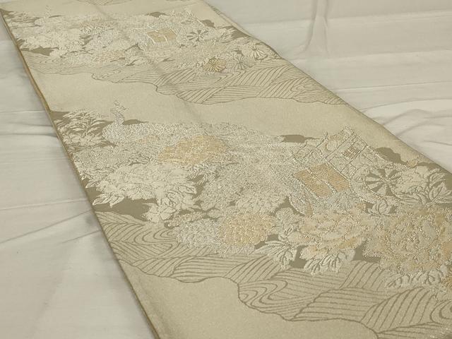 平和屋着物◎全通柄袋帯 美保姿 御所車花文 金銀糸 正絹 逸品 AABG0890ou
