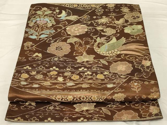 平和屋着物◎六通柄袋帯 花鳥文 正絹 逸品 AABG0919ou