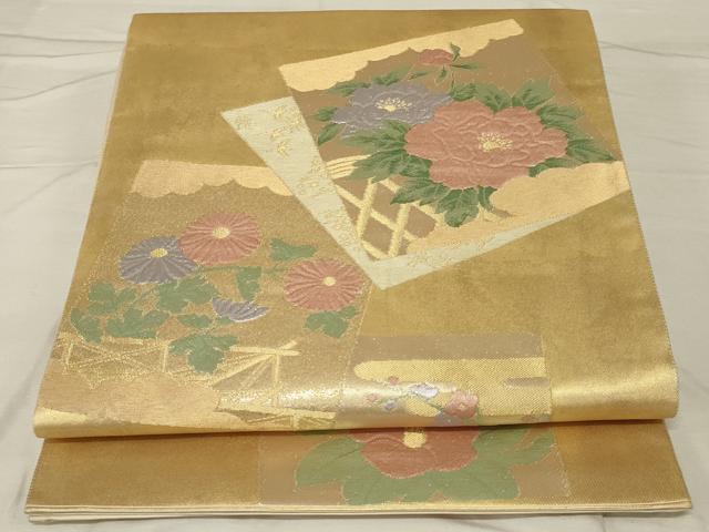 平和屋着物◎六通柄袋帯 色紙花文 金糸 正絹 逸品 AABG0920ou