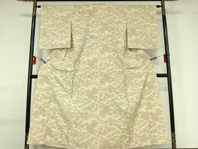 平和屋着物▽本塩沢 単衣 風景花文 正絹 逸品 AABG0927jh