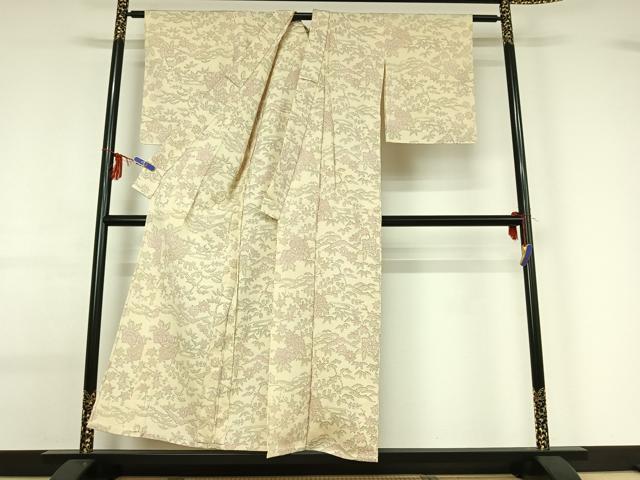 平和屋着物▽本塩沢 単衣 風景花文 正絹 逸品 AABG0927jh