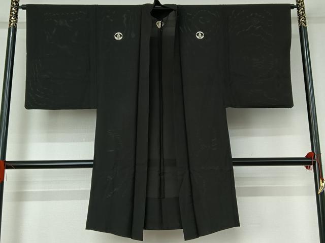 平和屋着物▽男性 羽織 黒紋付 スリーシーズン 春夏秋 塵除け 暗黒色 正絹 逸品 AABG0930jh