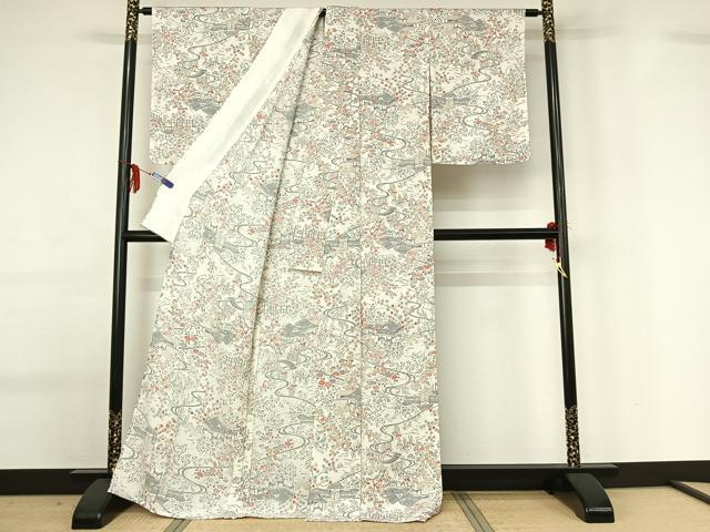 平和屋着物▽上質な小紋 単衣 風景花文 正絹 逸品 AABG0934jh