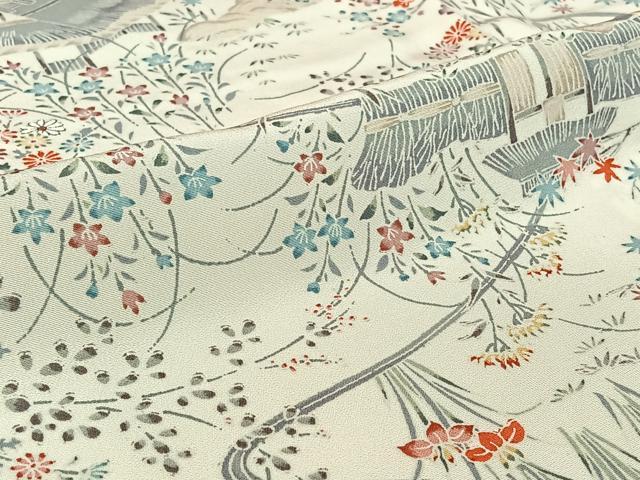 平和屋着物▽上質な小紋 単衣 風景花文 正絹 逸品 AABG0934jh