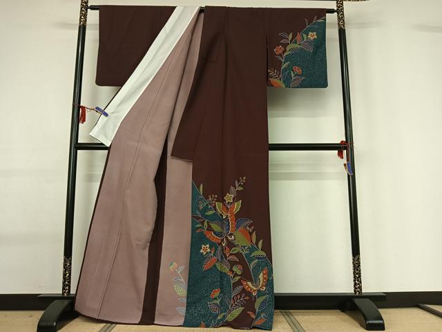 平和屋着物▽訪問着 単衣 花蝶文 銀彩 洗える着物 AABG0938jh