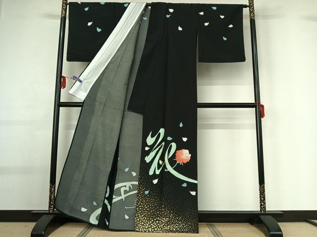 平和屋着物▽訪問着 単衣 舞花文 黒地 金彩 洗える着物 AABG0942jh