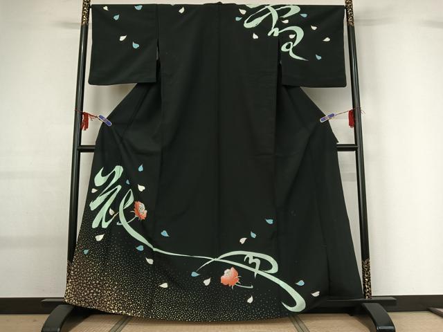 平和屋着物▽訪問着 単衣 舞花文 黒地 金彩 洗える着物 AABG0942jh