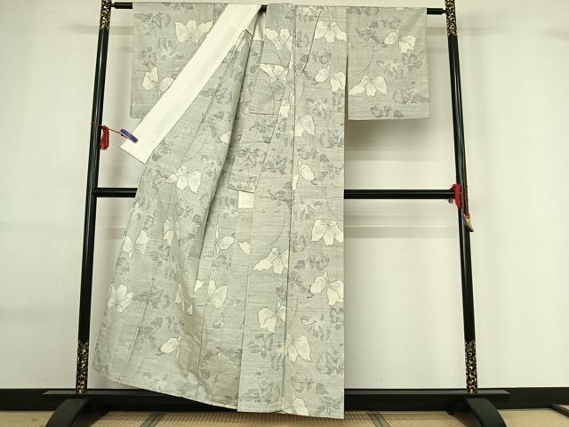 平和屋着物▽上質な紬 単衣 草花文 正絹 逸品 AABG0949jh
