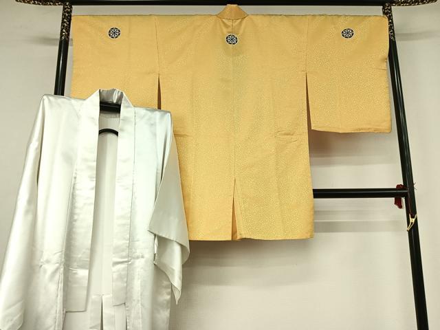 平和屋着物▽男性 色紋付 半襦袢セット 着物:支子色 襦袢:白色 洗える着物 AABG0956jh