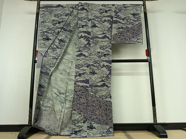 平和屋着物▽井関一男 訪問着 単衣 風景花文 証紙付き 仮絵羽 正絹 逸品 未使用 AABG0982jh