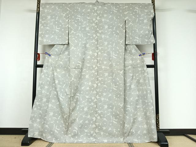 平和屋着物▽お召 単衣 100亀甲 舞花文 正絹 逸品 AABG0993jh