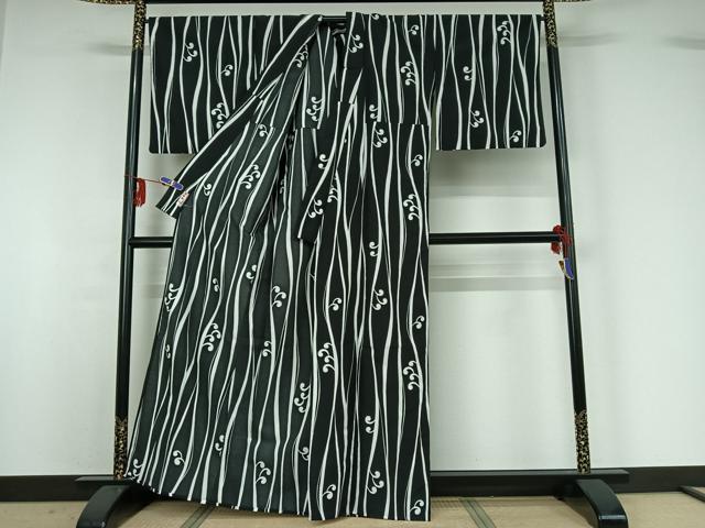 平和屋着物▽小紋 単衣 立波文 黒地 洗える着物 AABG0997jh