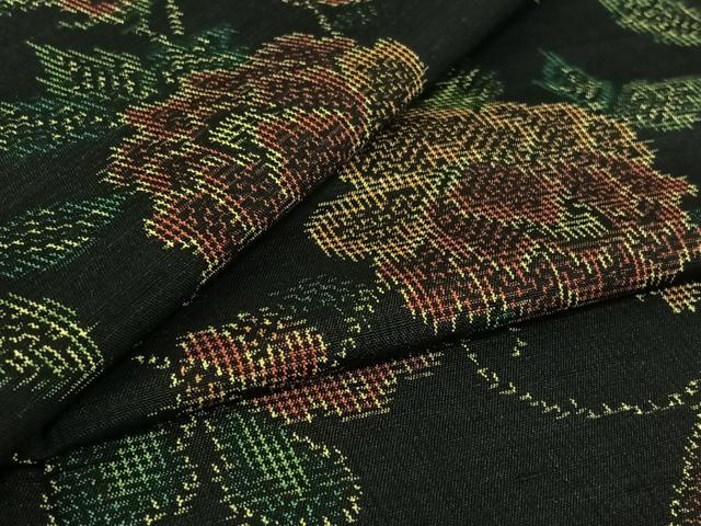 平和屋着物▽上質な紬 単衣 花蝶文 黒地 正絹 逸品 AABG1004jh