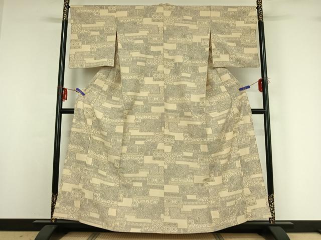 平和屋着物▽上質な紬 単衣 横段花蝶文 正絹 逸品 AABG1016jh