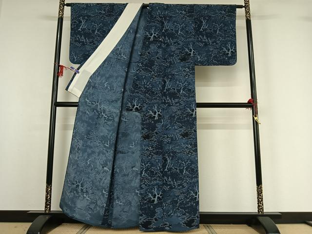 平和屋着物▽上質な小紋 単衣 風景花文 鹿 鬼しぼ縮緬 正絹 逸品 AABG1028jh