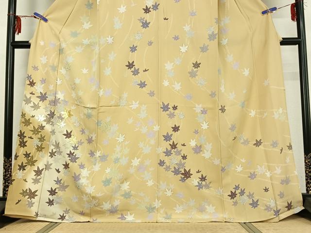 平和屋着物▽訪問着 単衣 駒刺繍 舞葉文 暈し染め 金彩 正絹 逸品 AABG1031jh