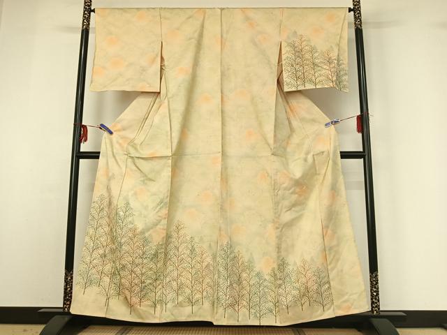 平和屋着物▽訪問着 単衣 紬地 手描き 樹林文 高島屋扱い 正絹 逸品 AABG1038jh