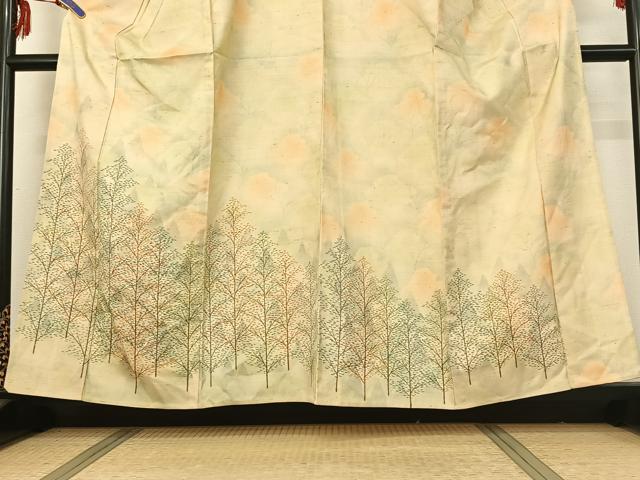 平和屋着物▽訪問着 単衣 紬地 手描き 樹林文 高島屋扱い 正絹 逸品 AABG1038jh