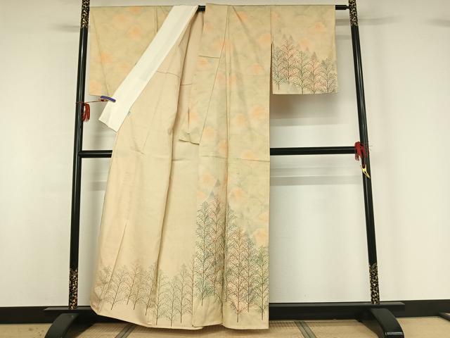 平和屋着物▽訪問着 単衣 紬地 手描き 樹林文 高島屋扱い 正絹 逸品 AABG1038jh