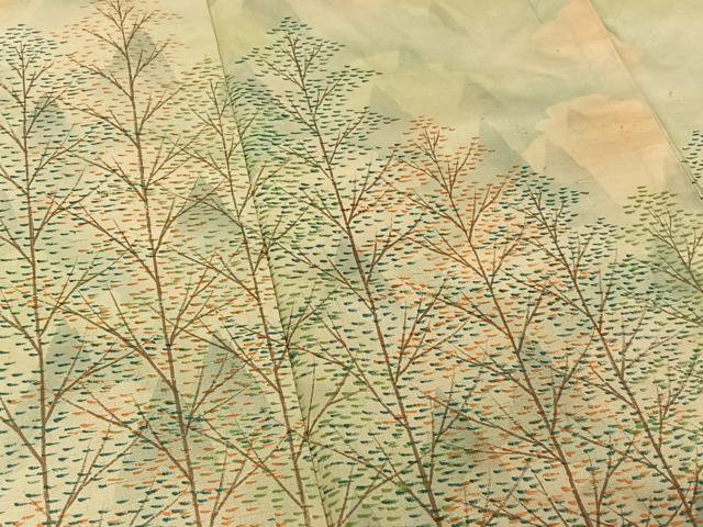 平和屋着物▽訪問着 単衣 紬地 手描き 樹林文 高島屋扱い 正絹 逸品 AABG1038jh