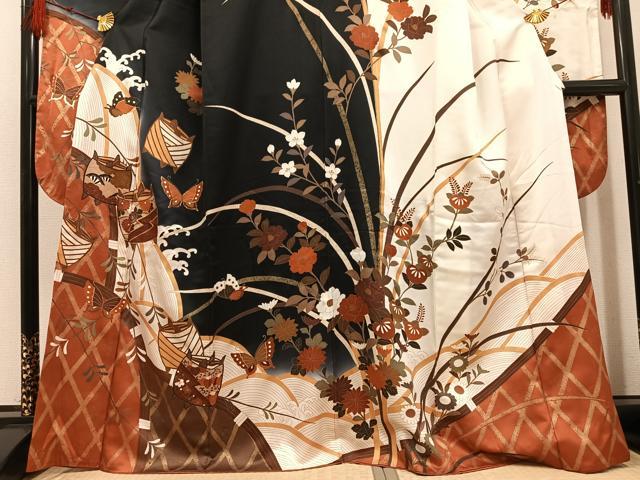 平和屋着物●豪華振袖 駒刺繍 糸巻花蝶文 暈し染め 金彩 正絹 逸品 AABG1052ph