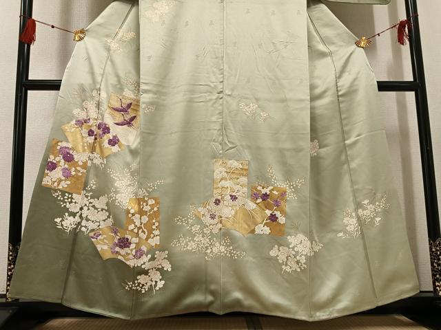 平和屋着物●訪問着 刺繍 群れ鶴地紙草花文 貝紫 暈し染め 金彩 正絹 逸品 AABG1068ph
