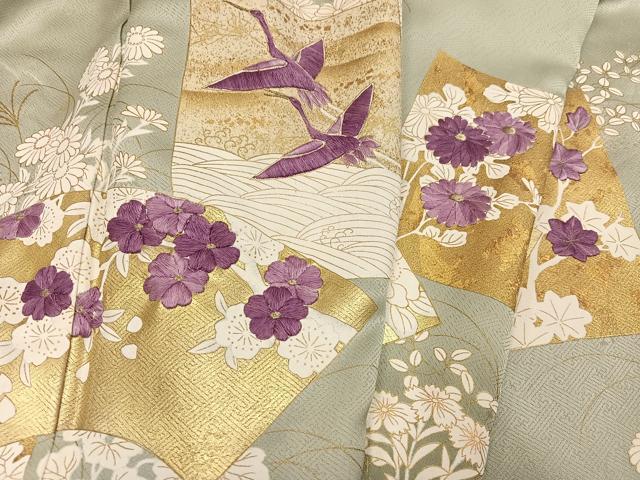 平和屋着物●訪問着 刺繍 群れ鶴地紙草花文 貝紫 暈し染め 金彩 正絹 逸品 AABG1068ph