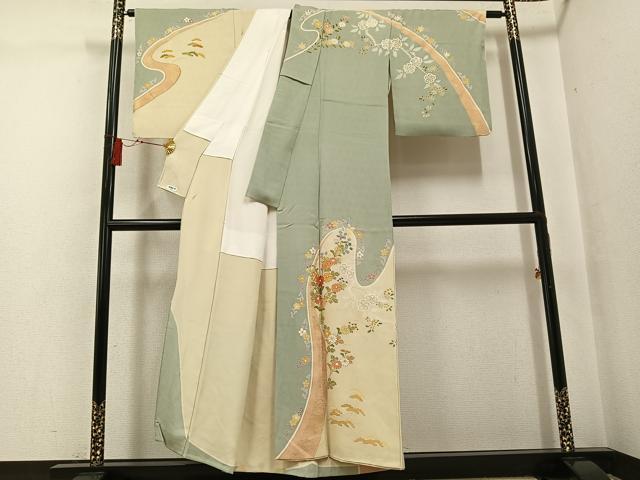 平和屋着物●創業460年・千總 訪問着 駒刺繍 花唐草文 金彩 正絹 逸品 AABG1070ph