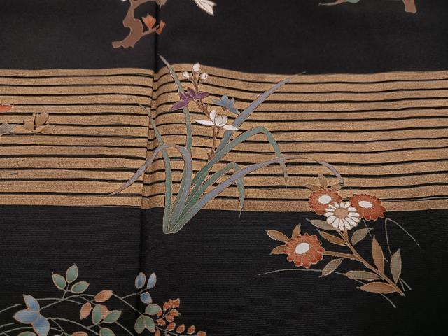 平和屋着物●訪問着 刺繍 草花文 黒地 金彩 正絹 逸品 AABG1077ph