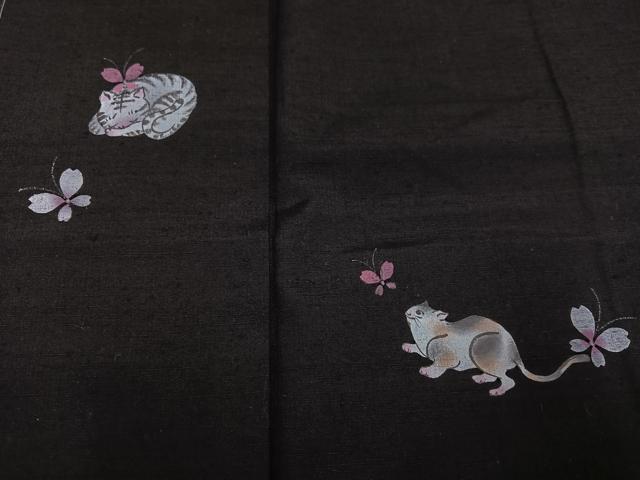 平和屋着物●濡れ描き友禅作家 高橋峰陵 訪問着 手描き 猫 蝶 さが美扱い 正絹 逸品 未使用 AABG1085ph