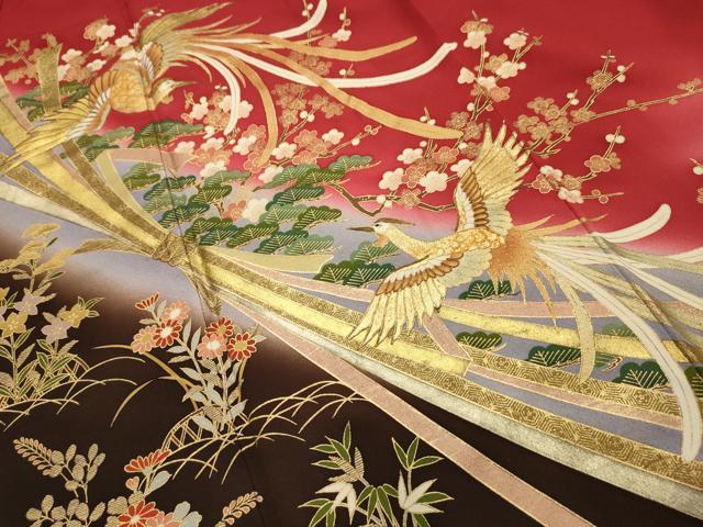 平和屋着物■豪華振袖 駒刺繍 松竹梅束ね熨斗鳳凰花文 暈し染め 金彩 鈴乃屋扱い 正絹 逸品 AABG1137sx