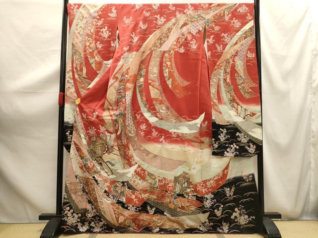平和屋着物■豪華振袖 駒刺繍 鬘帯御所車花文 暈し染め 金彩 正絹 逸品 AABG1182sx