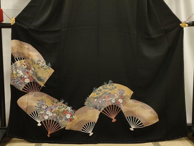 平和屋着物■豪華黒留袖 駒刺繍 扇面花鳥文 金彩 正絹 逸品 AABG1335sx